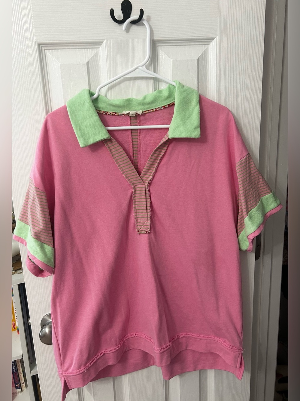 Umgee Pink Polo Top with Mint Green Collar